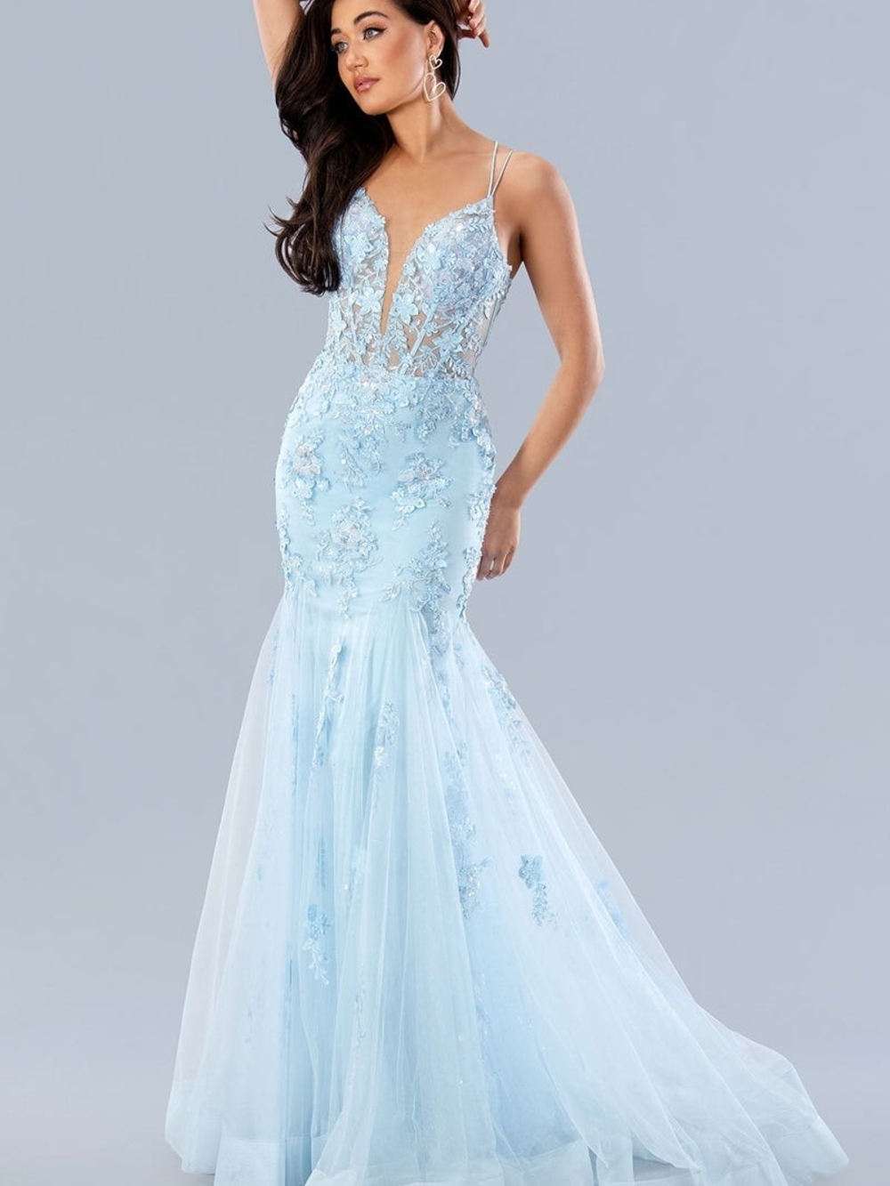STELLA COUTURE Light Blue Lace Appliqué Mermaid Dress 24197